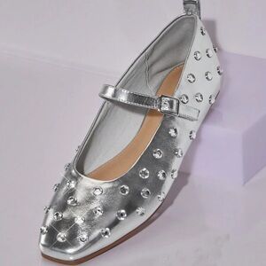 NEW SHEIN Silver Rhinestone Studded Mary Jane Square Toe Ballet Flats Size 5.5